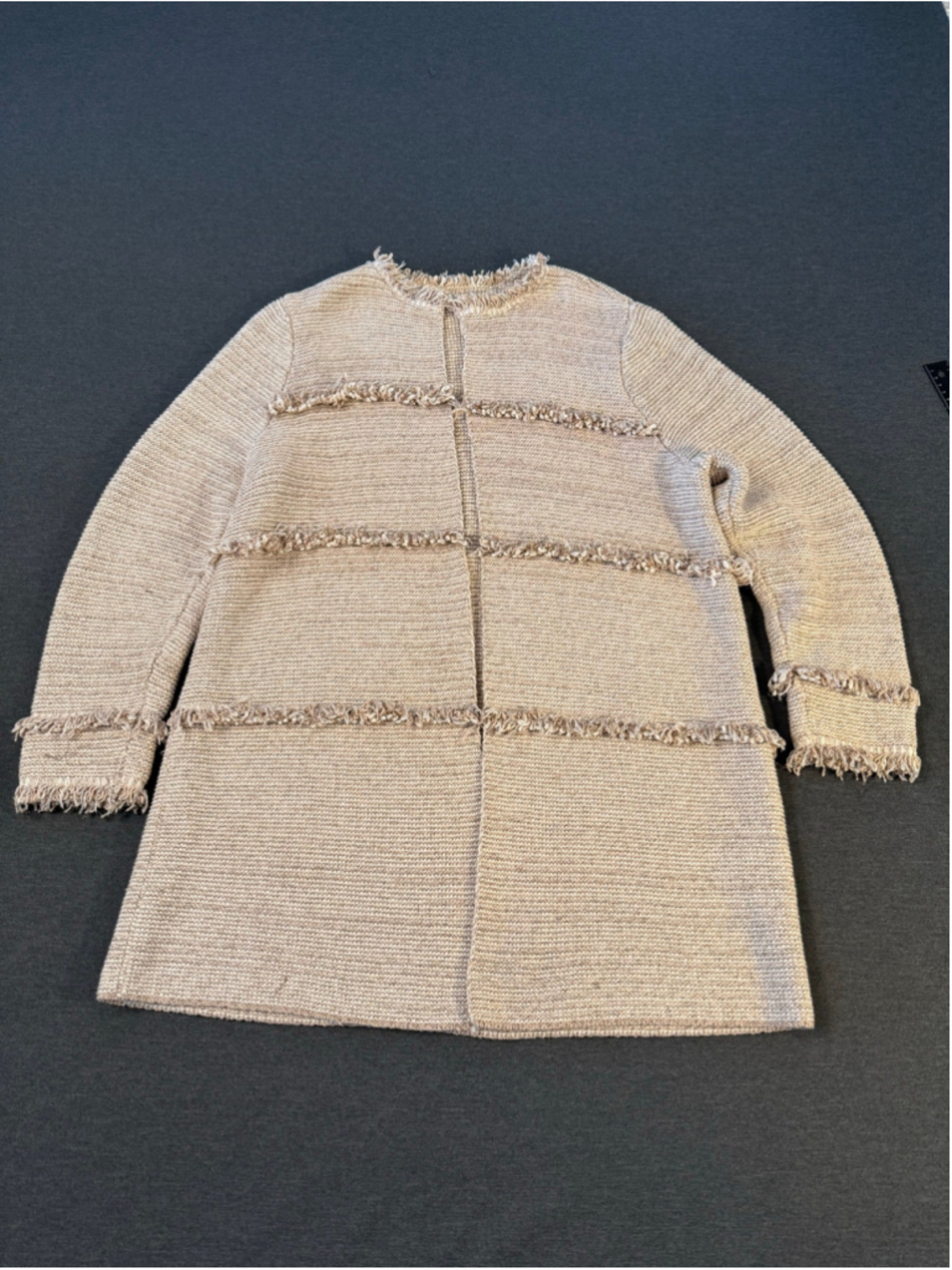 Chico's Fringe Tweed Open Front Longline Cardigan Beige Gold Metallic 3 / XL - Picture 4 of 7